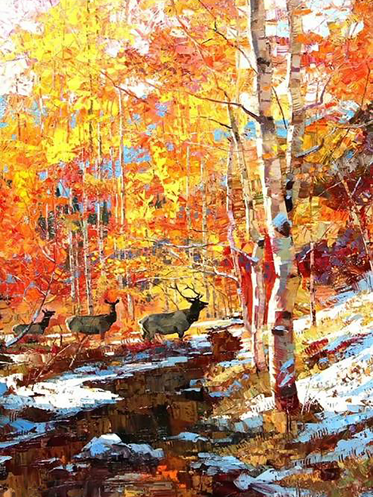 Cerfs texturés arbres jaunes rouges automne par Knife 11 Peintures à l'huile